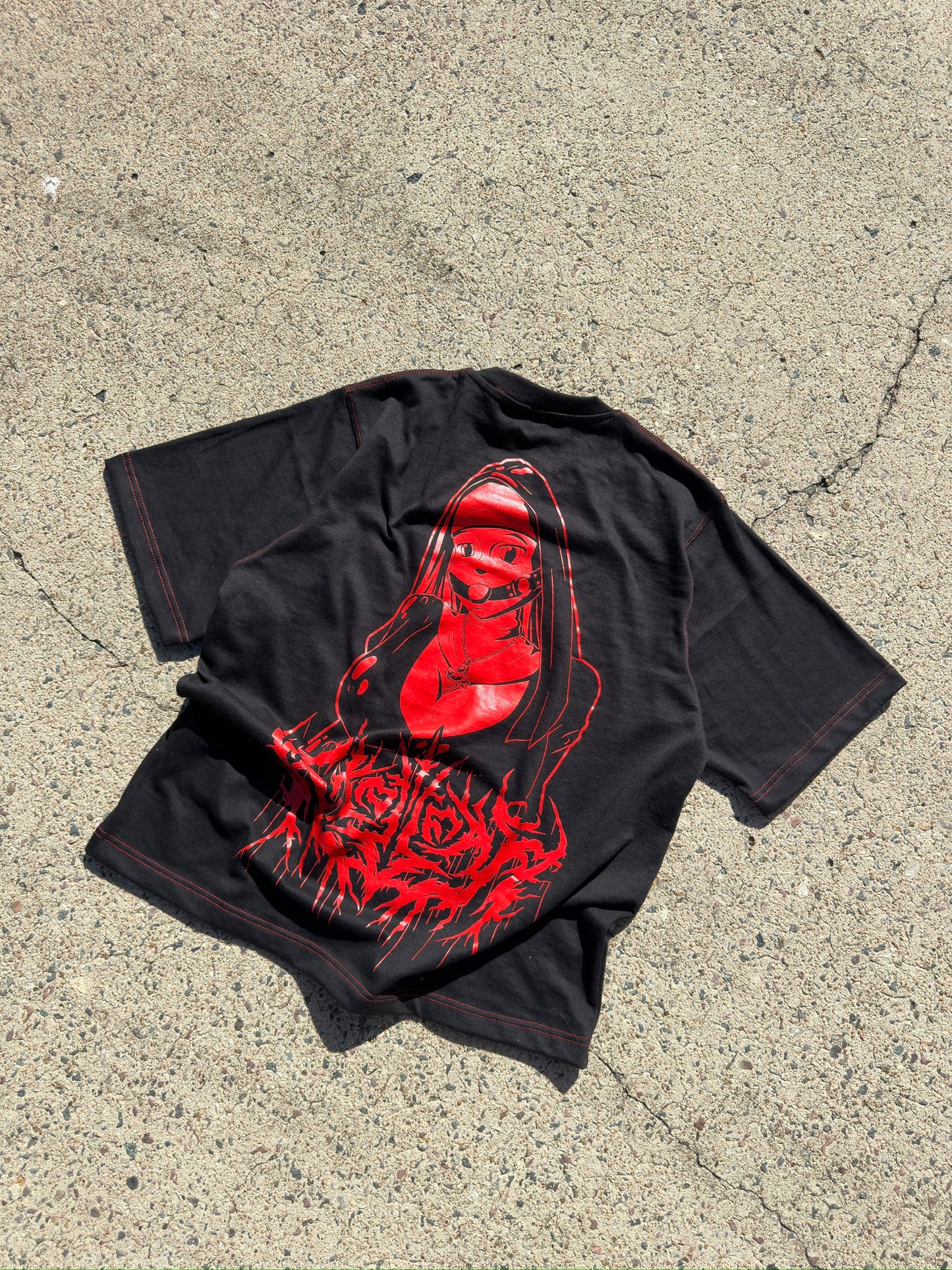 "UNHOLY" BLACK AND RED NUN OVERSIZE TEE